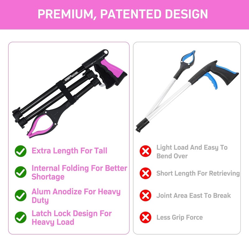 GrabRunner 38" Extra Long Grabber Reacher Tool – 2 Pack Foldable Reacher Grabber Pickup Tools with 360° Rotating Jaw & Magnet - Heavy Duty Pick Up Grabbers for Seniors, Trash, Surgery Recovery (Pink Pink) - Image 5